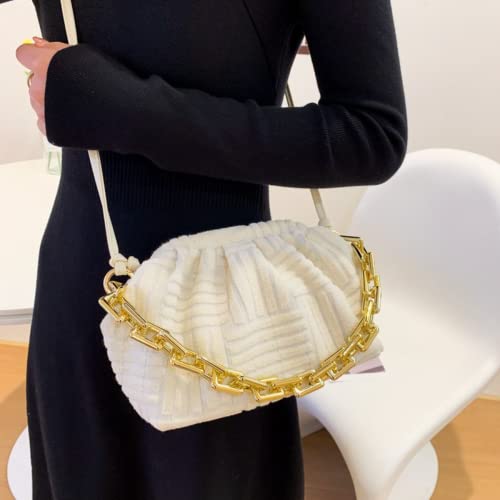 HDHTB Dumpling handbag cloud shape shoulder bag casual clutch purse pouch with chunky chain Jacquard velvet crossbody dupe (white)