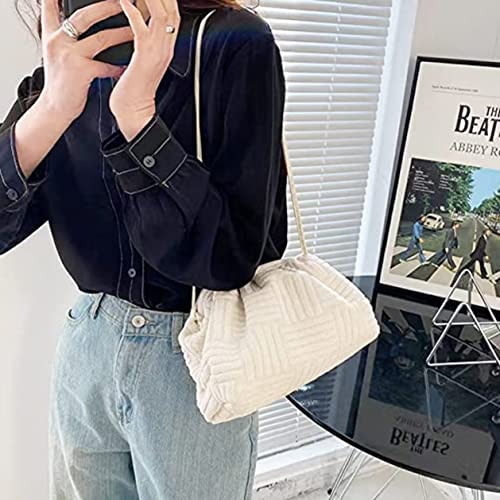 HDHTB Dumpling handbag cloud shape shoulder bag casual clutch purse pouch with chunky chain Jacquard velvet crossbody dupe (white)