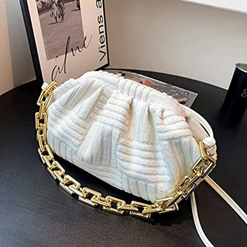 HDHTB Dumpling handbag cloud shape shoulder bag casual clutch purse pouch with chunky chain Jacquard velvet crossbody dupe (white)