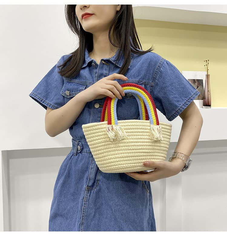 Motleader Woven tote bags Beach bags Rainbow cotton yarn woven picnic basket