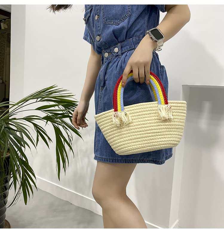 Motleader Woven tote bags Beach bags Rainbow cotton yarn woven picnic basket