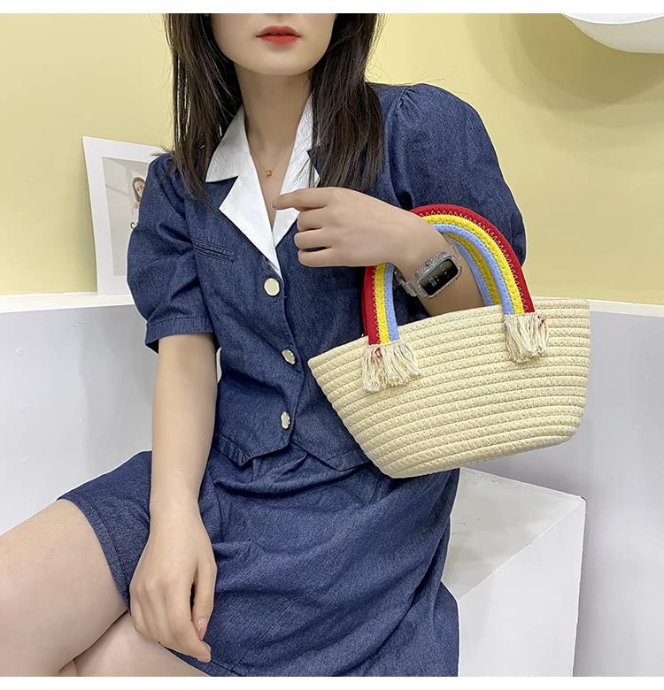 Motleader Woven tote bags Beach bags Rainbow cotton yarn woven picnic basket