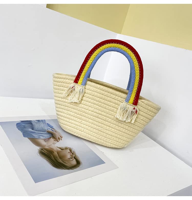 Motleader Woven tote bags Beach bags Rainbow cotton yarn woven picnic basket