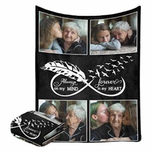 Custom in Loving Memory Bed Blanket, Feather Dove Always on My Mind Forever in My Heart Throw Blanket Personalized Memorial Blanket with Picture for Loss of Loved One 40x50 Inch
