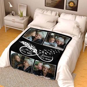 Custom in Loving Memory Bed Blanket, Feather Dove Always on My Mind Forever in My Heart Throw Blanket Personalized Memorial Blanket with Picture for Loss of Loved One 40x50 Inch