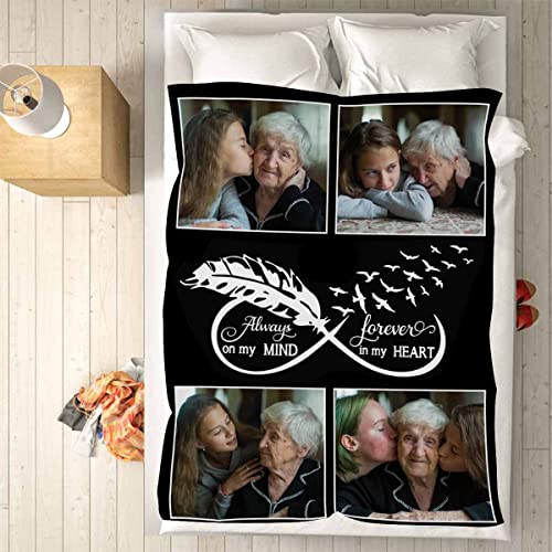 Custom in Loving Memory Bed Blanket, Feather Dove Always on My Mind Forever in My Heart Throw Blanket Personalized Memorial Blanket with Picture for Loss of Loved One 40x50 Inch