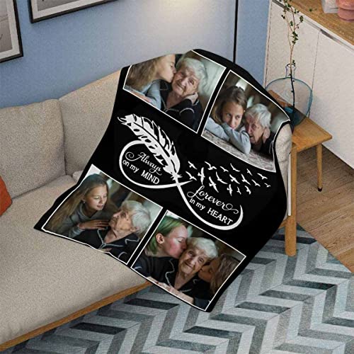 Custom in Loving Memory Bed Blanket, Feather Dove Always on My Mind Forever in My Heart Throw Blanket Personalized Memorial Blanket with Picture for Loss of Loved One 40x50 Inch