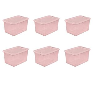 64 qt. plastic latching storage box, storage bin tote organizing container with durable lid, stackable and nestable snap lid plastic storage bin, set of 6 (pearl blush tint)