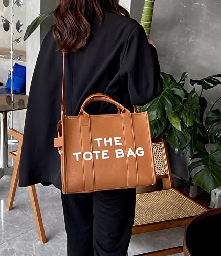 CACYTILT The Tote Bag for Women 13 * 11 * 6 inch PU Leather Large Tote Bags with Zipper Fashion Design Handbag for Daily Use School Work (Brown)