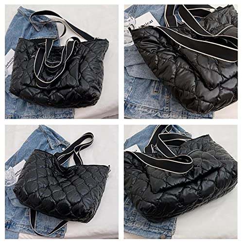 Padded Tote Bag Women's Quilted Zipper Closure Large Padding Shoulder Bag with Exterior Zip Pocket Puffy Down Crossbody Bag