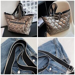 Padded Tote Bag Women's Quilted Zipper Closure Large Padding Shoulder Bag with Exterior Zip Pocket Puffy Down Crossbody Bag