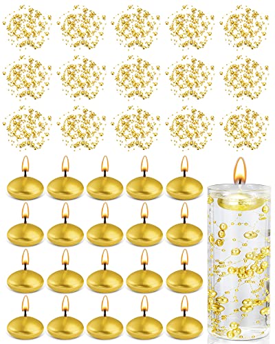 40 Pcs Unscented Christmas Gold Floating Candles Artificial Pearl String for Floating Candle Set for Wedding Centerpieces Table Decoration Vases Filler for Birthday Valentine's Day Party Decor