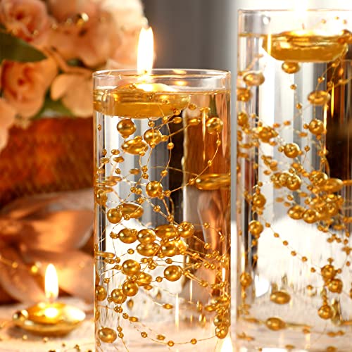 40 Pcs Unscented Christmas Gold Floating Candles Artificial Pearl String for Floating Candle Set for Wedding Centerpieces Table Decoration Vases Filler for Birthday Valentine's Day Party Decor