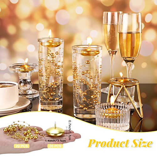 40 Pcs Unscented Christmas Gold Floating Candles Artificial Pearl String for Floating Candle Set for Wedding Centerpieces Table Decoration Vases Filler for Birthday Valentine's Day Party Decor