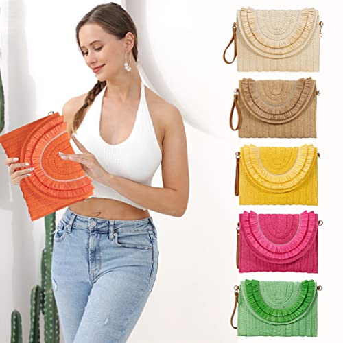 JYG Woven Straw Clutch Handbag for Women Summer Beach Crossbody Bags Casual Envelope Purse Wallet Handbags Orange