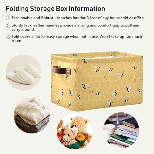 ALAZA Yellow Bees on The Honey Honeycombs Storage Basket for Shelves for Organizing Closet Shelf Nursery Toy, Fabric Collapsible Storage Organizer Bins Decorative Baskets with Handles Cubes