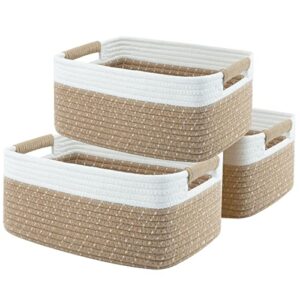 OIAHOMY 12.8x9x5.5in Woven Baskets for Storage, Storage Baskets for Shelves, Cotton Rope basket set of 3, Decorative Storage Baskets, Rectangle Basket With Handles, Brown and White