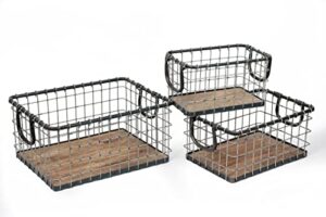 rectangular hand welded farmhouse metal baskets in set of 3 with rustic wooden bottom. large one:16.14″x12.2’x7.08″h, study and sutitable for laundry, towel, spice rack, storage, tool box, picnic