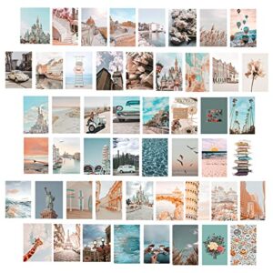 Onivein Peach Teal Wall Collage Kit Aesthetic Pictures, 50Pcs 4 x 6 Inch Blue Aesthetic Picture,Summer Beach Collage Print Kit, Trendy Cute Posters for Teen Girls, Photo Collage Kit for Dorm