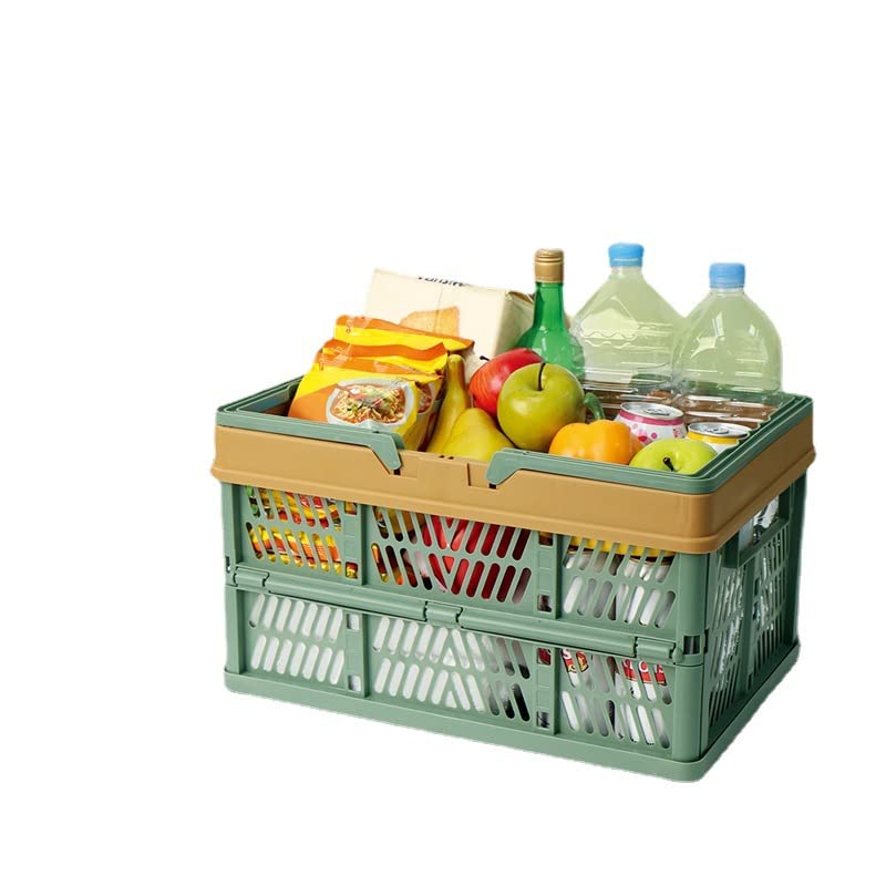 Portable Large Capacity Picnic Basket, Pack of 2 Storage Boxes with Handles, Foldable Plastic Grocery Shopping Basket (Coffee with Off-White)