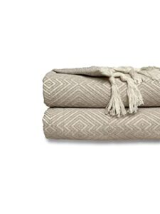 wellstil kaira | king size cotton blanket • vintage turkish throw blankets for sofa, couch, farmhouse and home decor • boho woven bedspread • cozy breathable bed blanket 80×100 inches (beige)