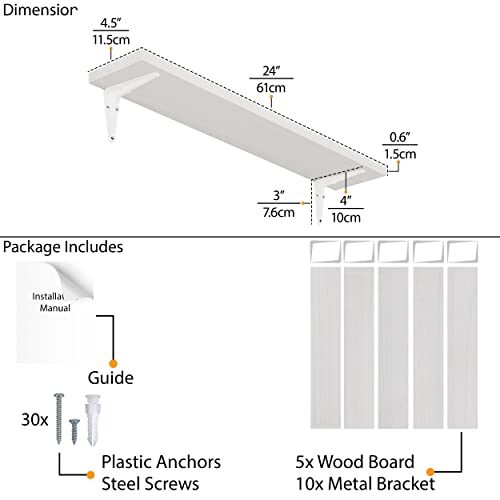 Wallniture Arras 24" Bathroom Shelves, Floating Shelves for Wall Storage, Bookshelf Living Room Decor, Kitchen Shelf Unit, White Wall Shelves for Bedroom Set of 5