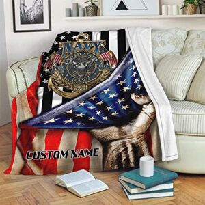 PAgree Personalized US Navy Blanket - Gift Military Tapestry Throw Military Insignia Fleece Blankets Navy Blue Fleece Throw Blankets for Bed Sofa Living Room Soft Blanket Warm Cozy Fluffy Throw (UN1)