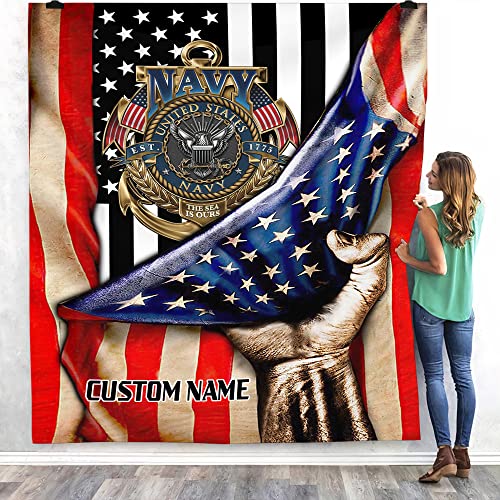 PAgree Personalized US Navy Blanket - Gift Military Tapestry Throw Military Insignia Fleece Blankets Navy Blue Fleece Throw Blankets for Bed Sofa Living Room Soft Blanket Warm Cozy Fluffy Throw (UN1)