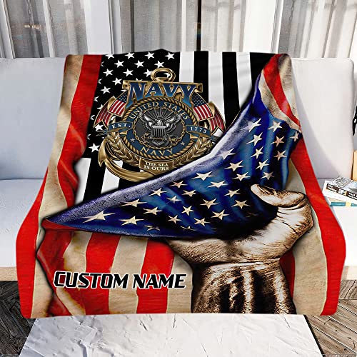 PAgree Personalized US Navy Blanket - Gift Military Tapestry Throw Military Insignia Fleece Blankets Navy Blue Fleece Throw Blankets for Bed Sofa Living Room Soft Blanket Warm Cozy Fluffy Throw (UN1)