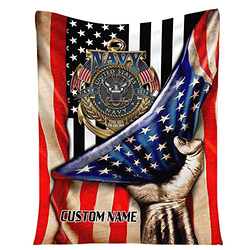 PAgree Personalized US Navy Blanket - Gift Military Tapestry Throw Military Insignia Fleece Blankets Navy Blue Fleece Throw Blankets for Bed Sofa Living Room Soft Blanket Warm Cozy Fluffy Throw (UN1)