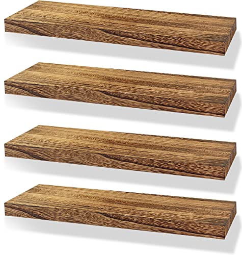 ZBOABRRI Wood Floating Shelves Wall Mounted, Rustic Wall Shelves for Bedroom Living Room Kitchen Bathroom Decor Set of 4 Light Brown