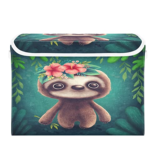 Blueangle Cute Baby Sloth Storage Bins with Lids, 16.5 x 12.6 x 11.8 in, Large Collapsible Organizer Storage Basket for Home Office Décor（869）