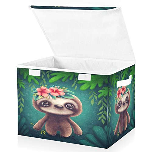 Blueangle Cute Baby Sloth Storage Bins with Lids, 16.5 x 12.6 x 11.8 in, Large Collapsible Organizer Storage Basket for Home Office Décor（869）