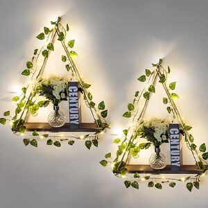 imurgift 2 pack artificial ivy led-strip hanging shelves for wall wooden wall hanging shelves wall decor shelves elegant bedroom wall hanging decor for bedroom bathroom living room kitchen
