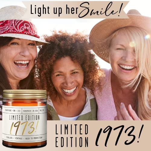 50th Birthday Gifts for Women - 'Limited Edition 1973' Soy Candle, w/Champagne on Ice I 1973 Birthday Gifts for Women I 50 Birthday Gifts for Women I 9oz Reusable Jar, 50Hr Burn, Made in USA