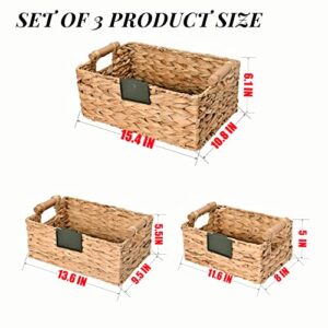 Donmills Wicker Storage Basket Rectangular with Wooden Handles for Shelves, Natural Water Hyacinth Handmade Pantry Basket Storage for Organizing, Woven Cube Storage Bin with Chalkboard Label