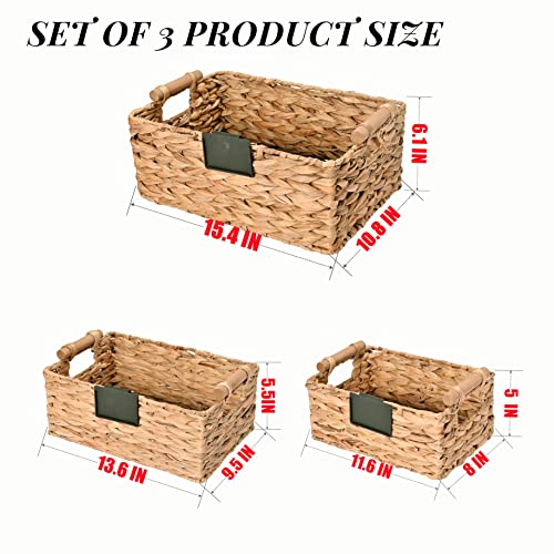 Donmills Wicker Storage Basket Rectangular with Wooden Handles for Shelves, Natural Water Hyacinth Handmade Pantry Basket Storage for Organizing, Woven Cube Storage Bin with Chalkboard Label