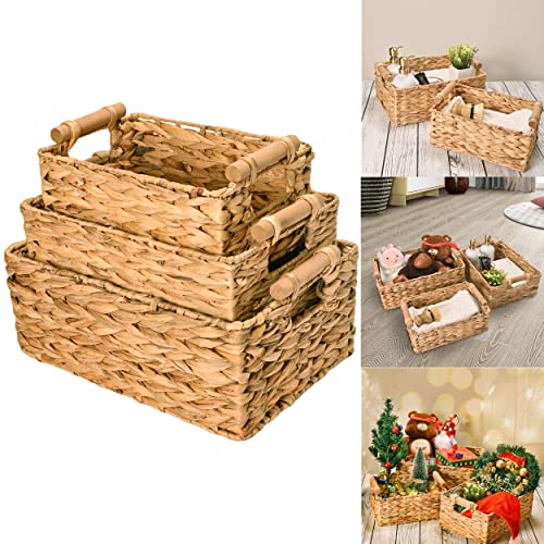 Donmills Wicker Storage Basket Rectangular with Wooden Handles for Shelves, Natural Water Hyacinth Handmade Pantry Basket Storage for Organizing, Woven Cube Storage Bin with Chalkboard Label