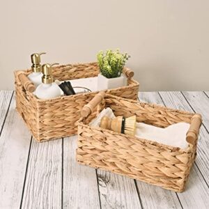 Donmills Wicker Storage Basket Rectangular with Wooden Handles for Shelves, Natural Water Hyacinth Handmade Pantry Basket Storage for Organizing, Woven Cube Storage Bin with Chalkboard Label