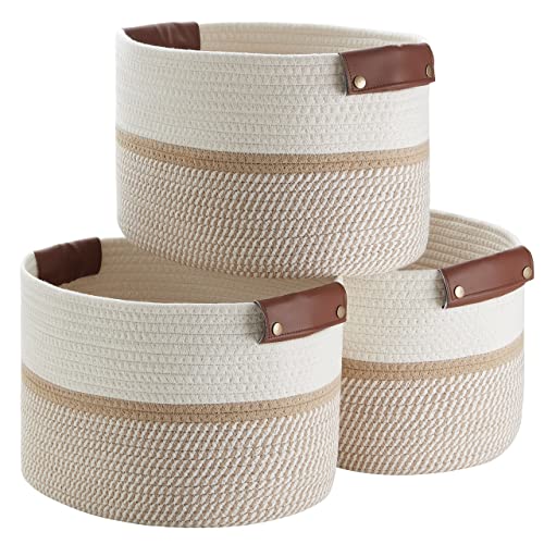 Organizix 3 Pack Woven Cotton Rope Shelf Storage Basket with Leather Handles, Baby Nursery Storage Bin Organizers, Closet Shelf Storage - 15 x 10 x 9, White/Brown