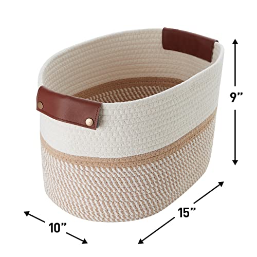 Organizix 3 Pack Woven Cotton Rope Shelf Storage Basket with Leather Handles, Baby Nursery Storage Bin Organizers, Closet Shelf Storage - 15 x 10 x 9, White/Brown