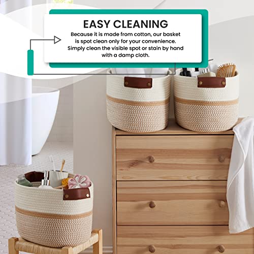 Organizix 3 Pack Woven Cotton Rope Shelf Storage Basket with Leather Handles, Baby Nursery Storage Bin Organizers, Closet Shelf Storage - 15 x 10 x 9, White/Brown