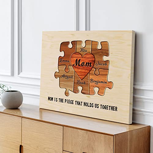 Bohva Personalized Gifts for Mom Family Names Sign, Mothers Day Gifts for Mom from Daughter and Son, Custom Heart Puzzle Pieces Print On Wood, Suitable for Mothers Day Birthday Christmas Thanksgiving