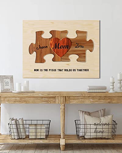 Bohva Personalized Gifts for Mom Family Names Sign, Mothers Day Gifts for Mom from Daughter and Son, Custom Heart Puzzle Pieces Print On Wood, Suitable for Mothers Day Birthday Christmas Thanksgiving