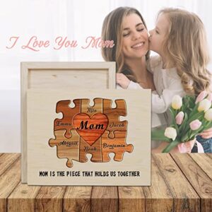 Bohva Personalized Gifts for Mom Family Names Sign, Mothers Day Gifts for Mom from Daughter and Son, Custom Heart Puzzle Pieces Print On Wood, Suitable for Mothers Day Birthday Christmas Thanksgiving