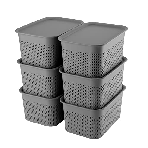 Plastic Storage Baskets with Lids Lay On Top 6.8 Qt stackable storage bins with Handle Tiny Holes, Storage Bins With Lids,Baskets for Organizing 6 pcs small, Organizer Bins, Storage Containers, Plastic Bins, Durable Plastic