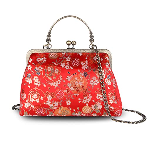 Abuyall Floral Satchel Purse Crossbody Tote Bags Kiss Lock Handbag Flower Vintage Shoulder Bag for Women Red-flower