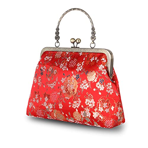 Abuyall Floral Satchel Purse Crossbody Tote Bags Kiss Lock Handbag Flower Vintage Shoulder Bag for Women Red-flower