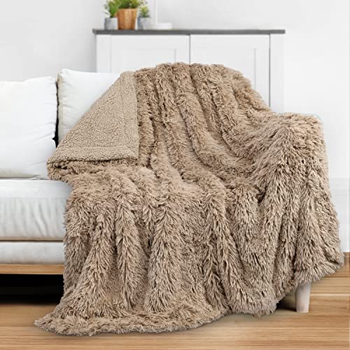 PAVILIA Soft Fluffy Faux Fur Throw Blanket, Taupe Tan Camel, Shaggy Furry Warm Sherpa Blanket Fleece Throw for Bed, Sofa, Couch, Decorative Fuzzy Plush Comfy Thick Throw Blanket, 50x60 Inches