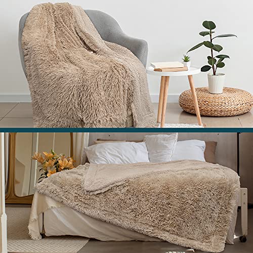 PAVILIA Soft Fluffy Faux Fur Throw Blanket, Taupe Tan Camel, Shaggy Furry Warm Sherpa Blanket Fleece Throw for Bed, Sofa, Couch, Decorative Fuzzy Plush Comfy Thick Throw Blanket, 50x60 Inches